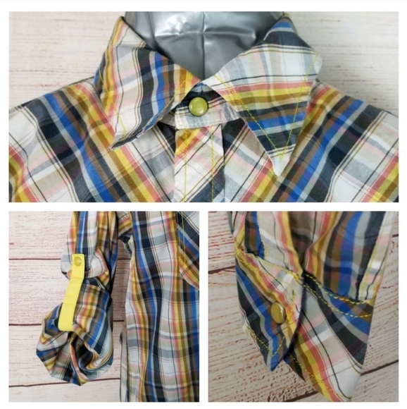 Westecs M Blue Yellow Plaid Snap Shirt Flip-Cuffs - Picture 5 of 6